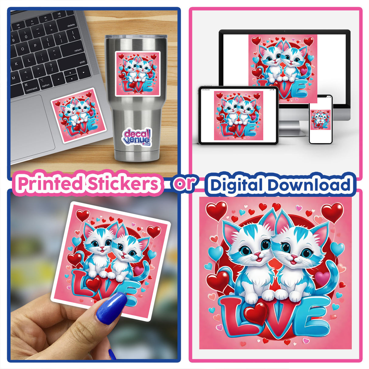 Cute Kitten Love Red and Blue Hearts
