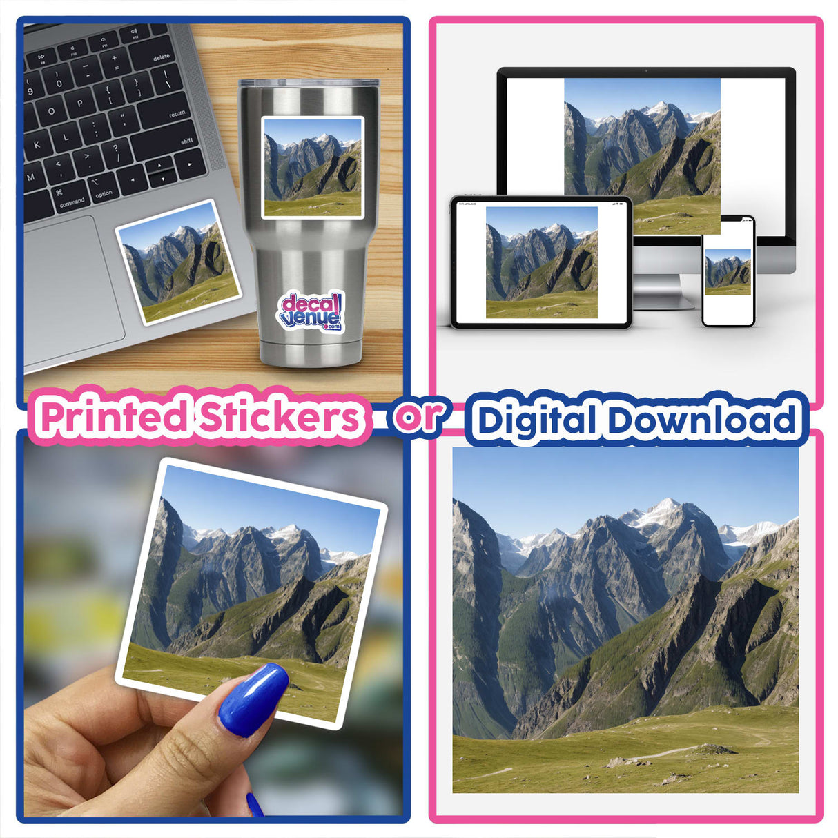 Illusion Mountain Love Art stickers and digital artwork display.