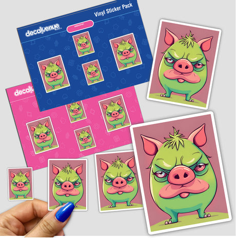 Adorable angry green pig vinyl sticker pack showcasing a variety of cartoon-style angry pig characters with vibrant colors and expressions, perfect for decorating or expressing one's unique style.