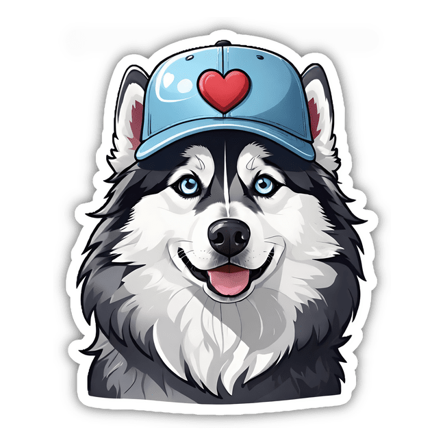 Smiling Husky Wearing Heart Baseball Cap
