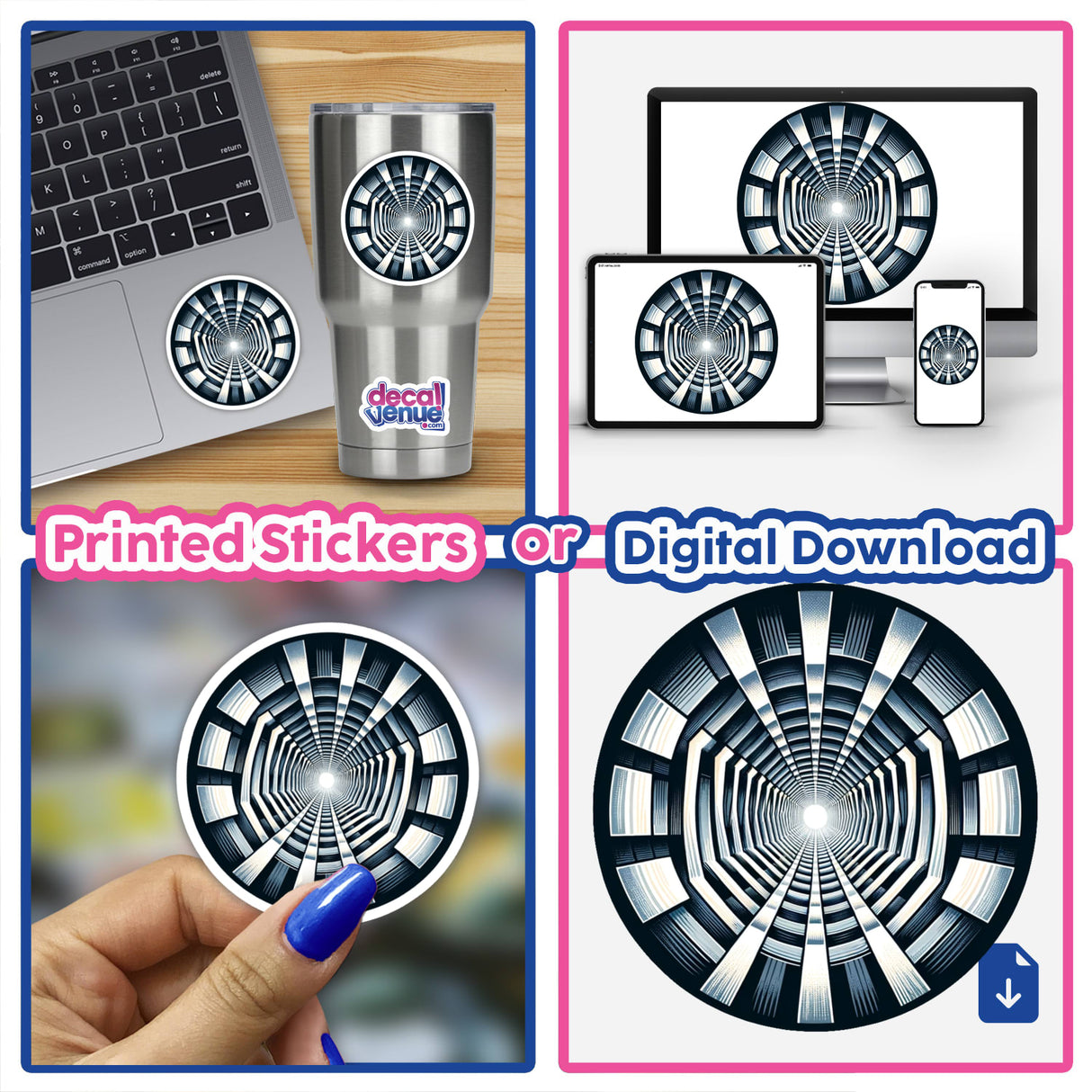 Endless Perspective Tunnel Illusion Sticker - Detailed black and white spiraling pattern creates an eye-catching optical illusion effect on the product image.