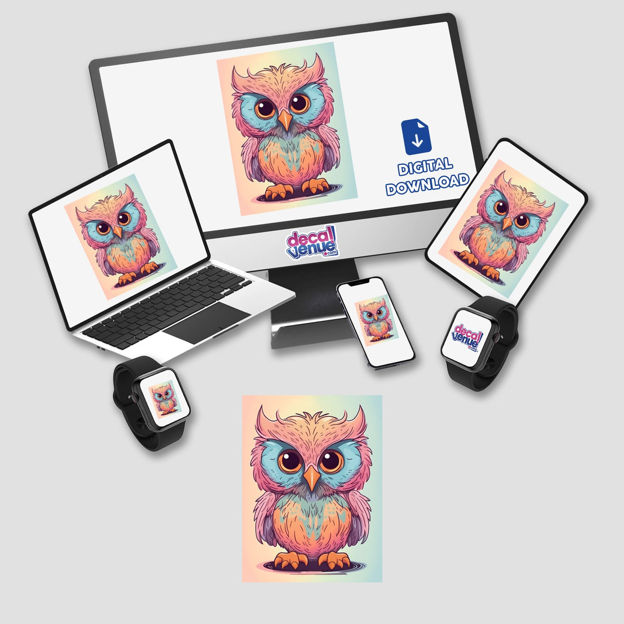 Colorful digital artwork of an adorable angry owl featured on various digital devices and products from Decal Venue, an online store offering unique stickers and digital art.
