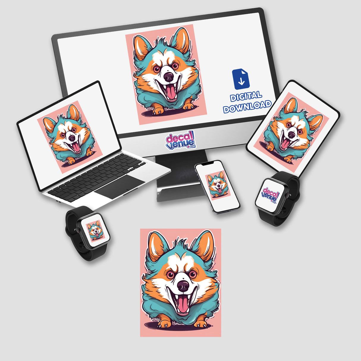 Colorful digital artwork of an adorable, smiling Corgi dog displayed on various digital devices including a laptop, smartphone, and smartwatch. The Decal Venue logo is visible, indicating this is a digital download product available from their online store.