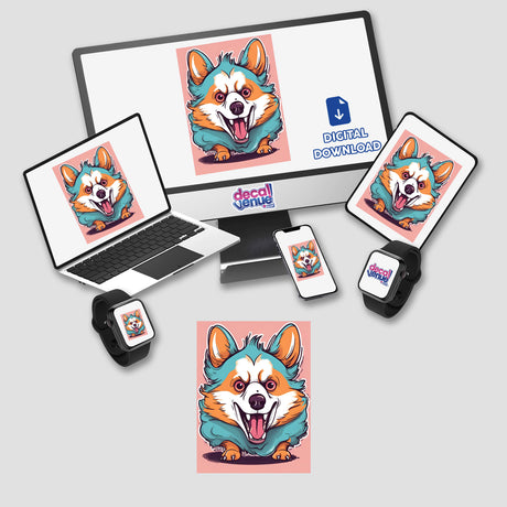 Colorful digital artwork of an adorable, smiling Corgi dog displayed on various digital devices including a laptop, smartphone, and smartwatch. The Decal Venue logo is visible, indicating this is a digital download product available from their online store.