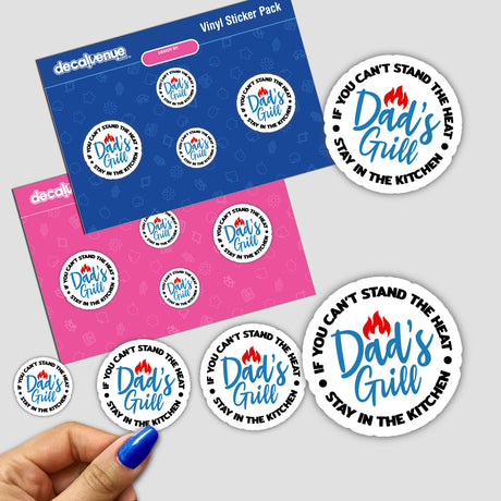 A set of humorous and colorful stickers featuring the text "Dad's Grill" and various related designs, displayed on a pink and blue background. The stickers appear to be a product offering from the Decal Venue store, which specializes in unique stickers and digital art.