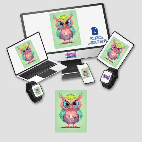 Colorful cartoon owl digital artwork displayed on various electronic devices including a laptop, smartphone, and smartwatch. The owl features vibrant pink, blue, and green feathers with large expressive eyes and a whimsical expression. The Decal Venue logo and "Digital Download" text indicate this is a digital product available for purchase.