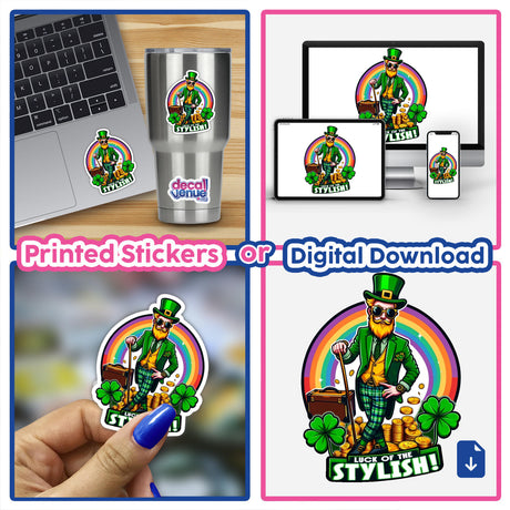 Dapper Leprechaun 'Luck of the Stylish' St. Patrick's Day Sticker - Vibrant digital artwork showcasing a stylish leprechaun, featuring a laptop, tumbler, and mobile device displays in the Decal Venue store.