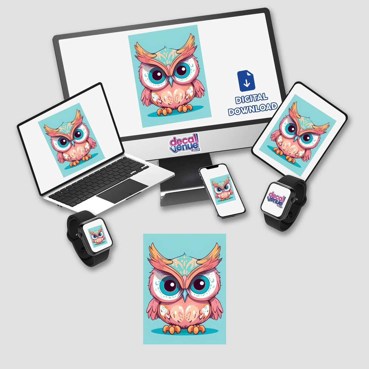 Vibrant digital art of an adorable angry owl surrounded by various digital devices like laptop, tablets, and smartphone in the Decal Venue product image.