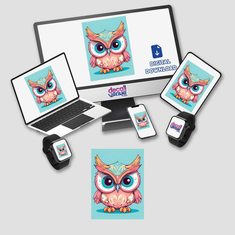 Vibrant digital art of an adorable angry owl surrounded by various digital devices like laptop, tablets, and smartphone in the Decal Venue product image.