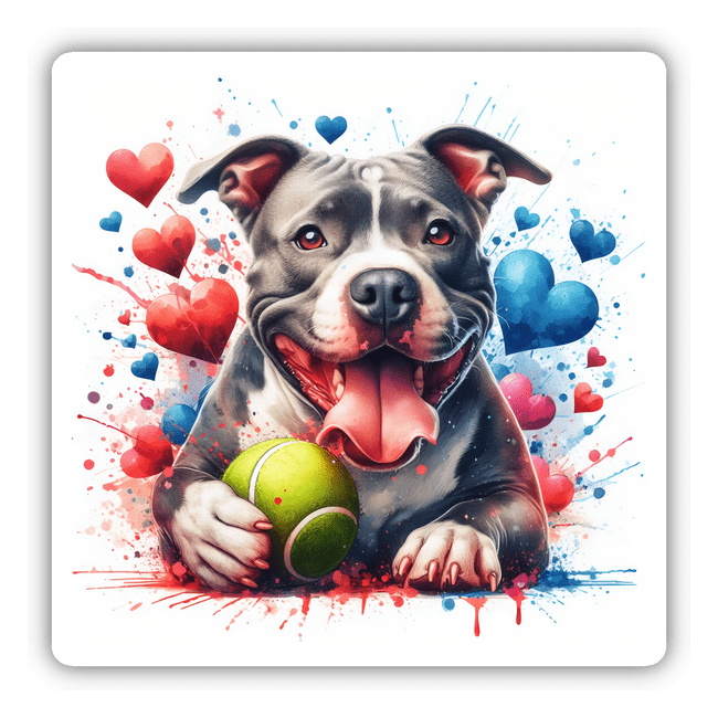 Watercolor Hearts and Tennis Ball Pitbull