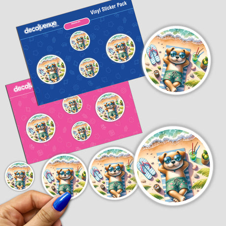 Stylish dog sticker pack with digital artwork featuring a playful dog in sunglasses on the beach, surrounded by beach items. The product is displayed on a pink and blue background, showcasing the various sticker designs available.