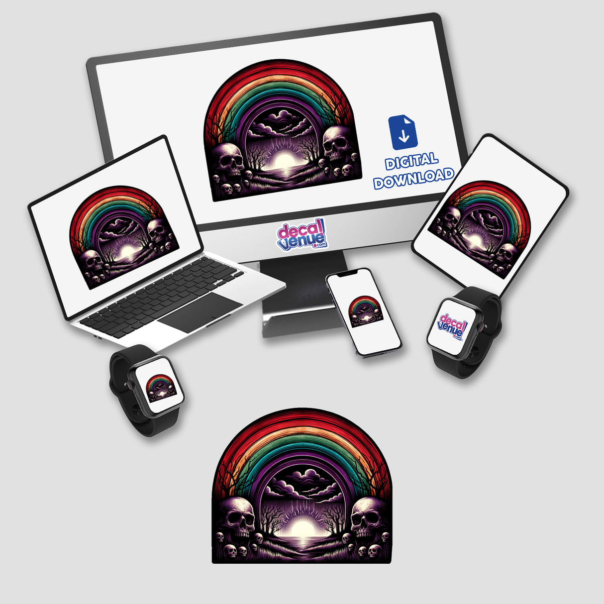 Eerie rainbow sticker with skulls and mountains, showcased on various digital devices including laptop, phone, and smartwatch from Decal Venue's store.