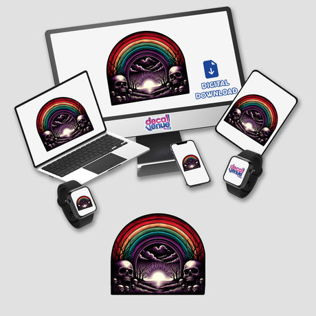 Eerie rainbow sticker with skulls and mountains, showcased on various digital devices including laptop, phone, and smartwatch from Decal Venue's store.