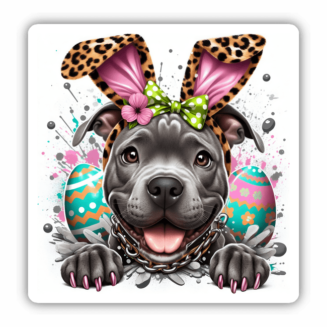Gray Peeking Pitbull with Leopard Print Bunny Ears