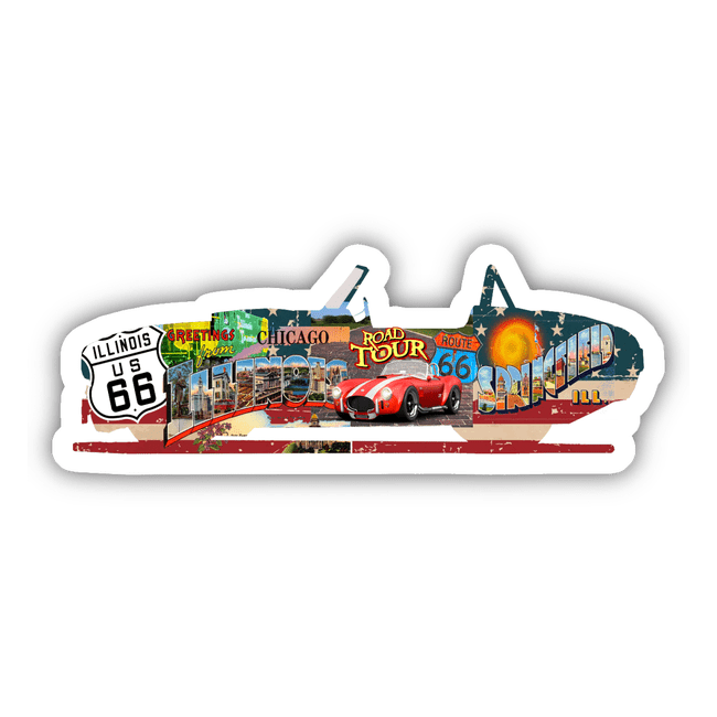 Route 66 themed digital artwork with vintage cars, landmarks, and road signs
