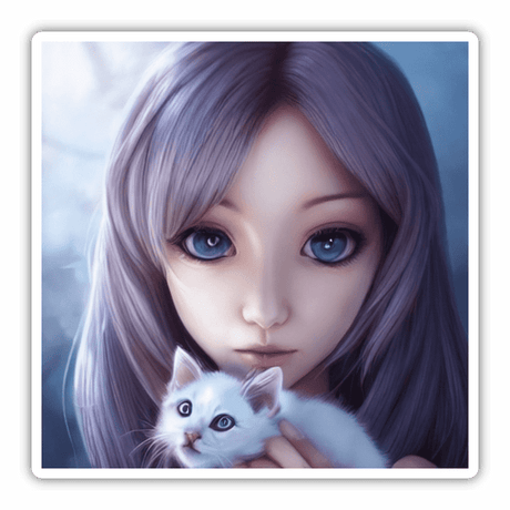 Anime Girl And White Kitten