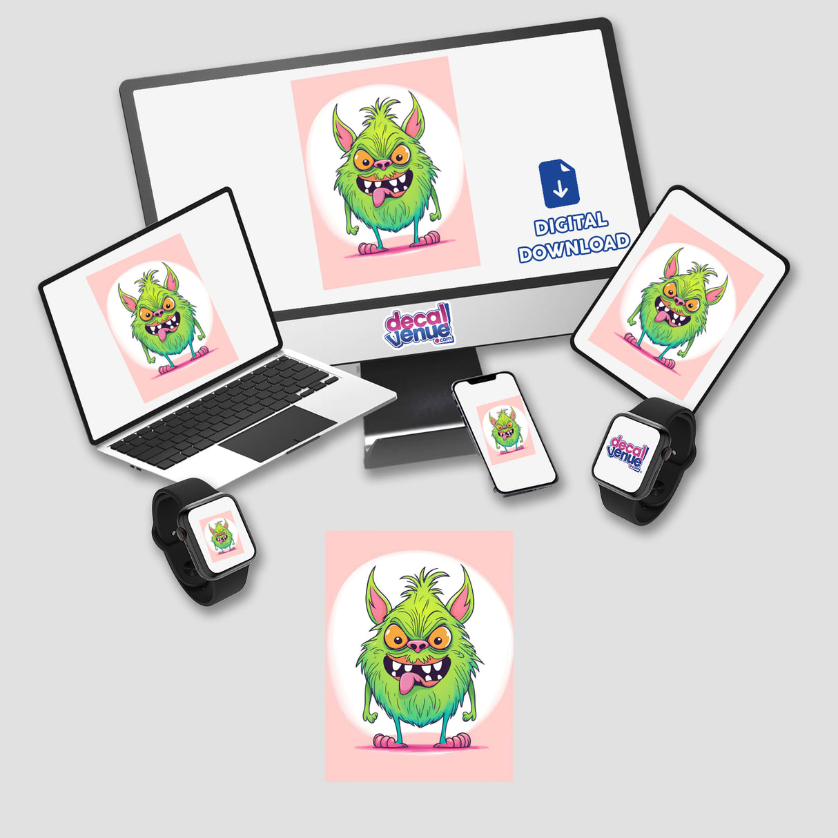 Adorable green monster digital artwork, featuring a cute yet angry-looking creature with horns and a toothy grin, displayed on various digital devices like laptops, tablets, and smartphones. The image showcases the product's availability as a digital download from the Decal Venue store, which specializes in unique stickers and digital art.