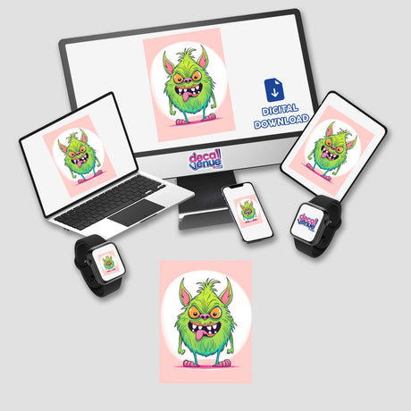 Adorable green monster digital artwork, featuring a cute yet angry-looking creature with horns and a toothy grin, displayed on various digital devices like laptops, tablets, and smartphones. The image showcases the product's availability as a digital download from the Decal Venue store, which specializes in unique stickers and digital art.
