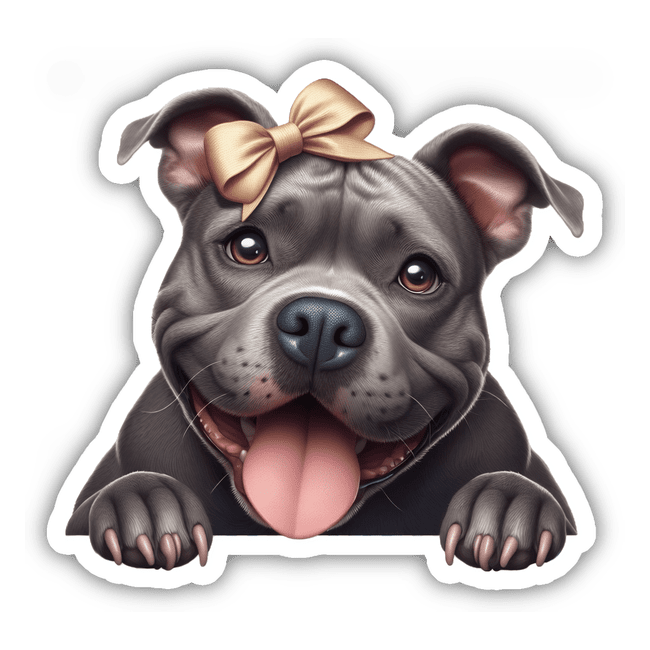 Happy Peeking Pitbull Gold Bow