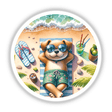 Cheerful beach dog in sunglasses enjoying tropical vacation with sandals, drink, and nature elements