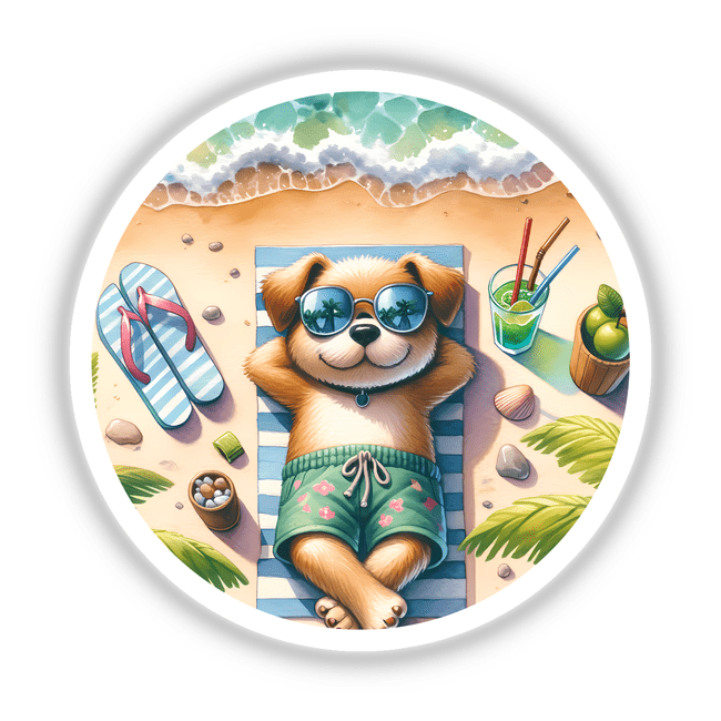 Cheerful beach dog in sunglasses enjoying tropical vacation with sandals, drink, and nature elements