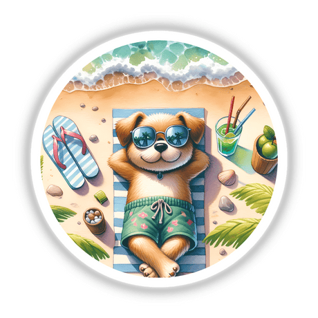 Cheerful beach dog in sunglasses enjoying tropical vacation with sandals, drink, and nature elements