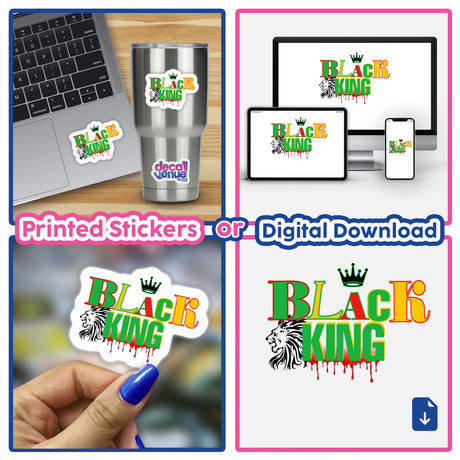 Collage of a laptop with an African American Black King sticker on the keyboard, emphasizing unique digital artwork and stickers.