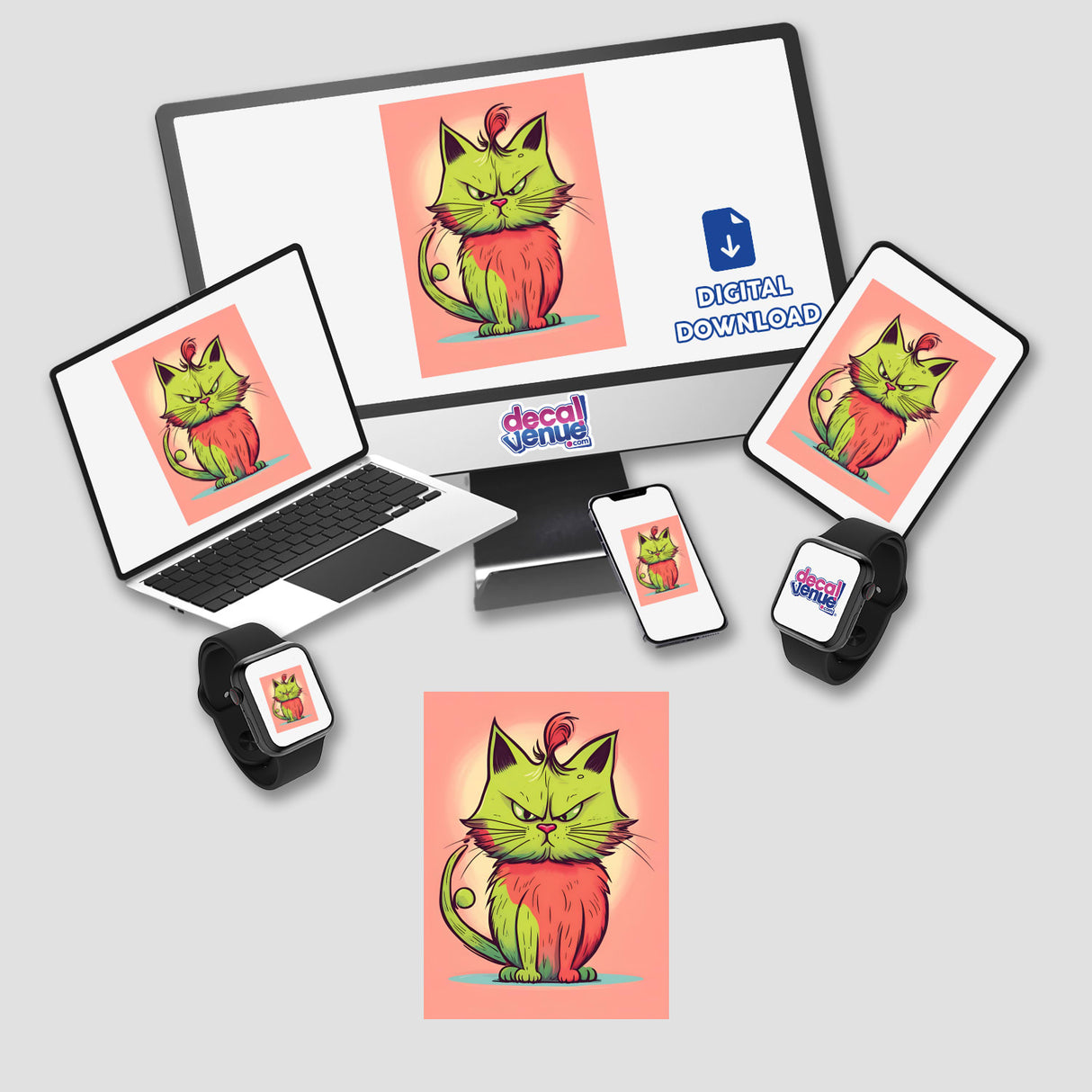 Colorful digital illustration of an adorable, yet angry-looking green and red cat displayed on various digital devices, including a laptop, smartphone, and smartwatch. The Decal Venue logo is visible, indicating this is a product from their store offering unique digital artwork and stickers.