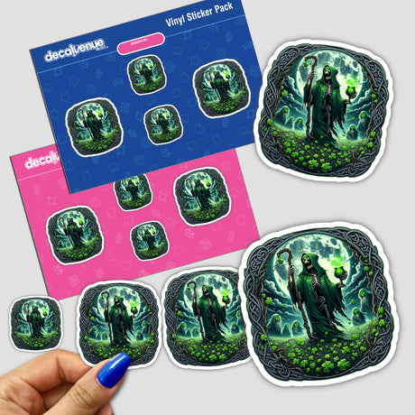 Macabre Celtic skeleton shillelagh and chalice digital art stickers in fantasy forest scene