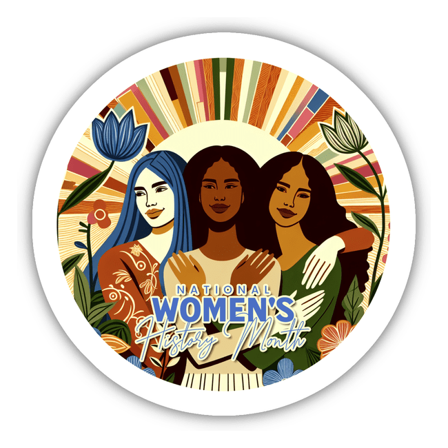 Artistic depiction of diverse women celebrating National Women's History Month, featuring stylized portraits of three women amidst vibrant floral and geometric patterns.
