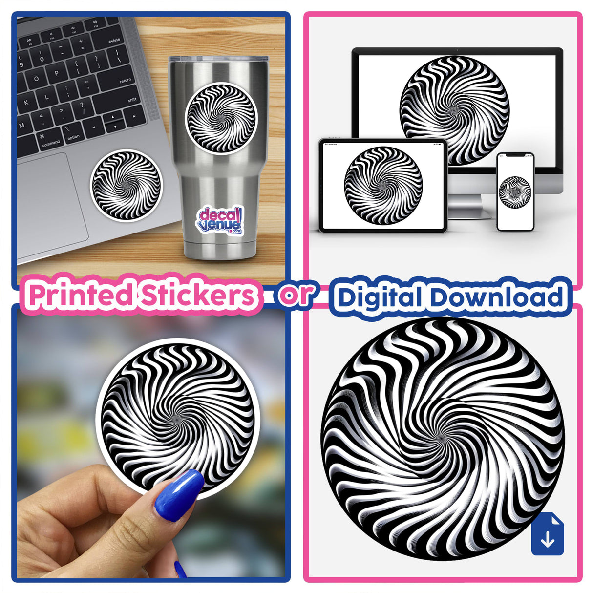 Hypnotic optical illusion sticker with a black and white spiraling pattern, available as a digital download or printed sticker from the Decal Venue store.