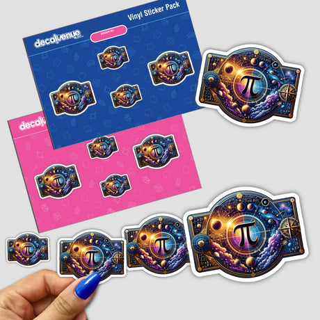 Cosmic Pi Day Celebration Stickers: Vibrant space-themed digital artwork with Pi symbol, celestial details, and bright colors on Decal Venue packaging.