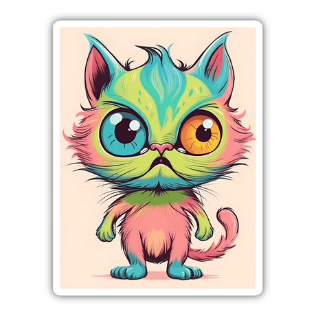 Vibrant cartoon cat with large, expressive eyes and colorful, fluffy fur in shades of pink, blue, and green.