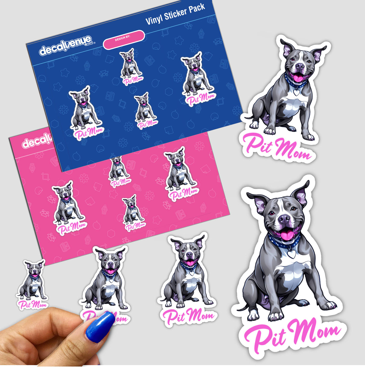 Hand holding a sticker pack featuring a gray happy pitbull, part of the Gray Happy Pitbull - Pit Mom collection, available as stickers or digital artwork.