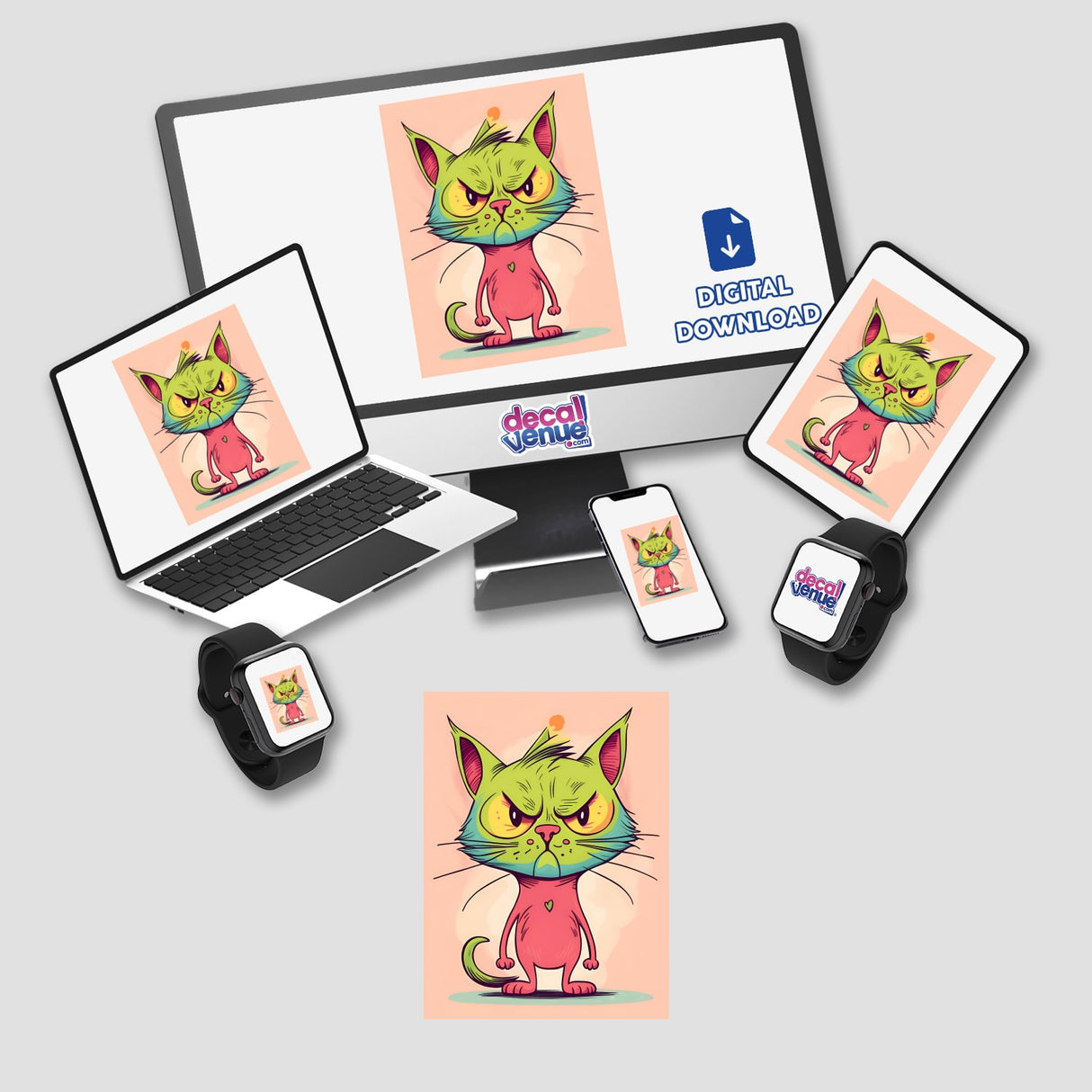 Adorable angry cat digital artwork displayed on various devices, including a laptop, tablet, and smartphone, showcasing the product placement across different digital platforms.
