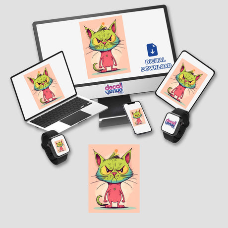 Adorable angry cat digital artwork displayed on various devices, including a laptop, tablet, and smartphone, showcasing the product placement across different digital platforms.
