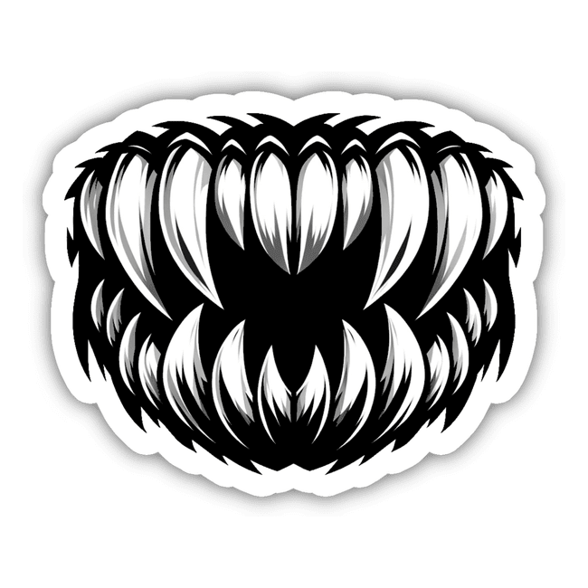 Fierce black and white digital illustration of sharp, jagged teeth forming a fearsome, savage-looking mouth or maw. The teeth are stylized and create an intense, powerful impression, making this digital artwork a striking and eye-catching design for stickers or other products.