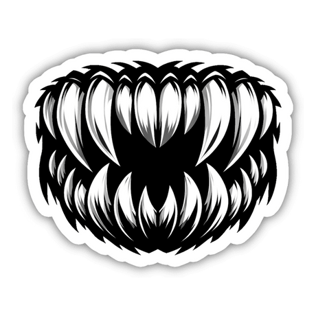 Fierce black and white digital illustration of sharp, jagged teeth forming a fearsome, savage-looking mouth or maw. The teeth are stylized and create an intense, powerful impression, making this digital artwork a striking and eye-catching design for stickers or other products.