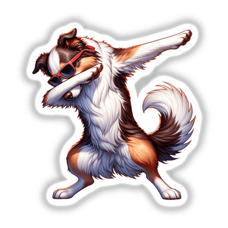 Colorful digital artwork of a playful Border Collie dog striking a "dabbing" pose while wearing sunglasses