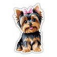 Happy Yorkie Polka Dot Pink Bow: A cute cartoon dog with a large bow on its head, available as stickers or digital artwork.
