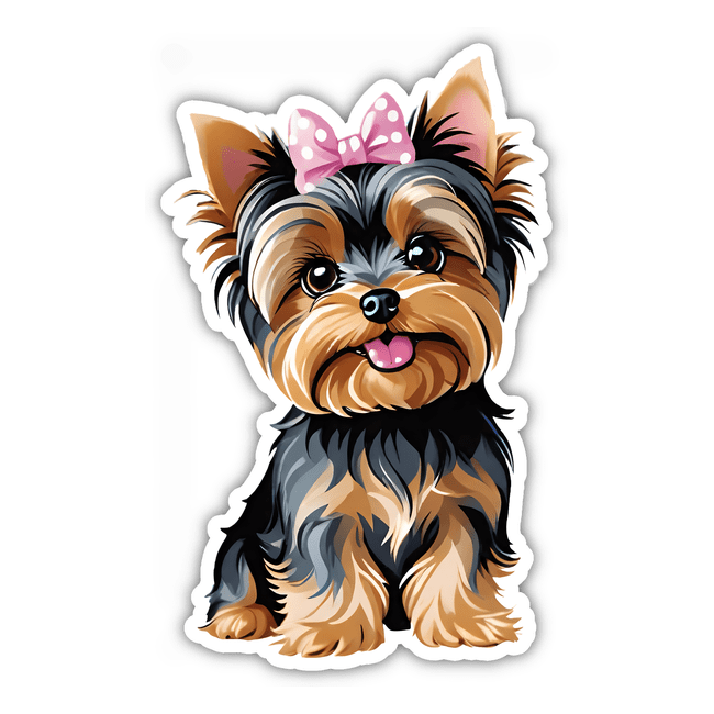 Happy Yorkie Polka Dot Pink Bow: A cute cartoon dog with a large bow on its head, available as stickers or digital artwork.