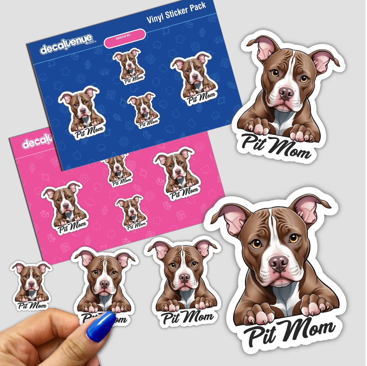 Hand holding Peeking Pitbull with Brown Eyes - Pit Mom stickers featuring various dog faces.