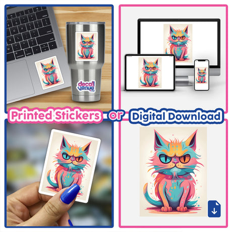 Colorful digital cat artwork with glasses, displayed on various electronic devices and printed as stickers, showcasing the product options available at the Decal Venue store.
