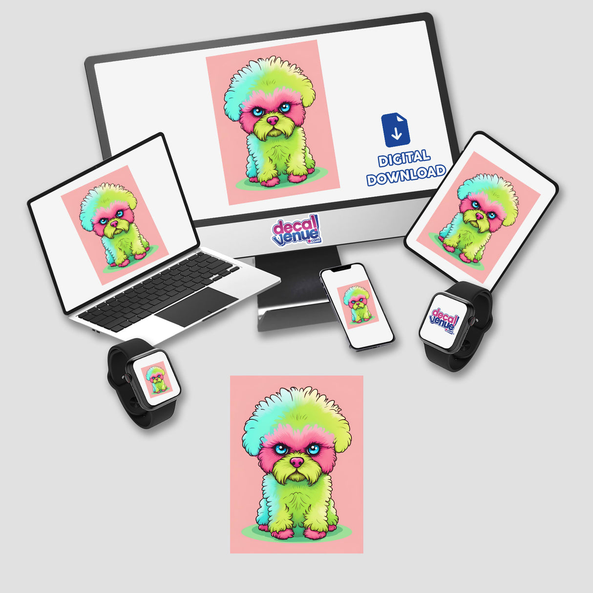 Vibrant artistic depiction of an adorable poodle with striking colors and a playful expression, showcased on various digital devices from the Decal Venue store.