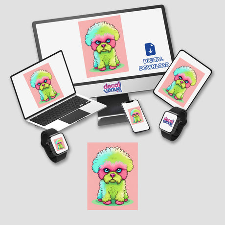 Vibrant artistic depiction of an adorable poodle with striking colors and a playful expression, showcased on various digital devices from the Decal Venue store.