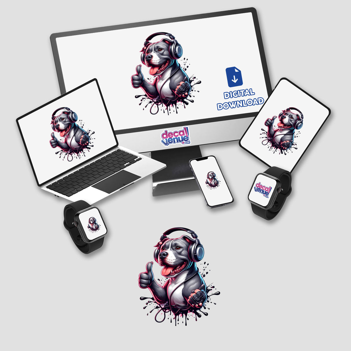 Thumbs Up Pitbull w/Headphones and Splatter
