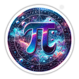 Colorful galactic Pi Day constellation sticker featuring the mathematical symbol "π" surrounded by celestial imagery and geometric patterns.