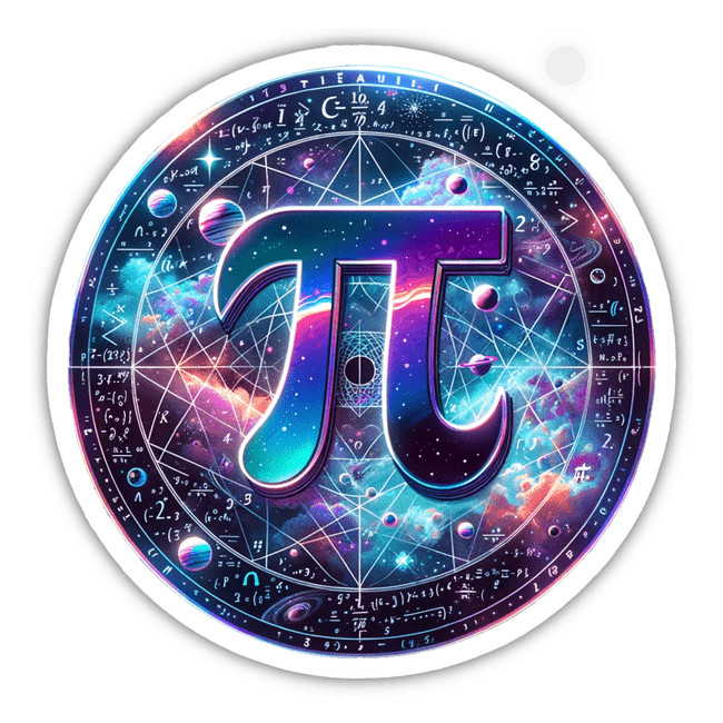 Colorful galactic Pi Day constellation sticker featuring the mathematical symbol "π" surrounded by celestial imagery and geometric patterns.