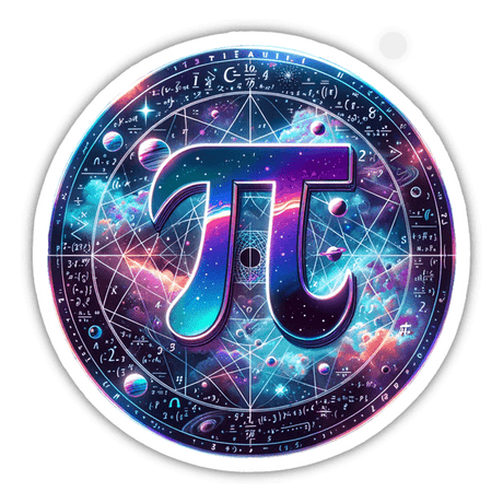 Colorful galactic Pi Day constellation sticker featuring the mathematical symbol "π" surrounded by celestial imagery and geometric patterns.