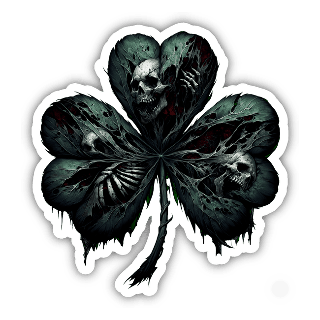 Gothic Shamrock Skulls St. Patrick's Day Sticker - Spooky digital artwork featuring a clover-shaped design with black and green skulls, creating a dark and edgy take on the traditional shamrock motif.